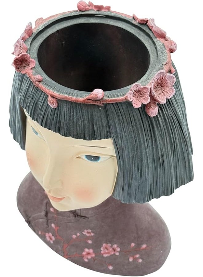 بي آند دي وعاء زهور ديكور من الراتنج مستوحى من الطراز الآسيوي من B&D بتصميم أزهار الكرز، على شكل رأس بشعر قصير أسود، للزينة الداخلية للحدائق - Image 2